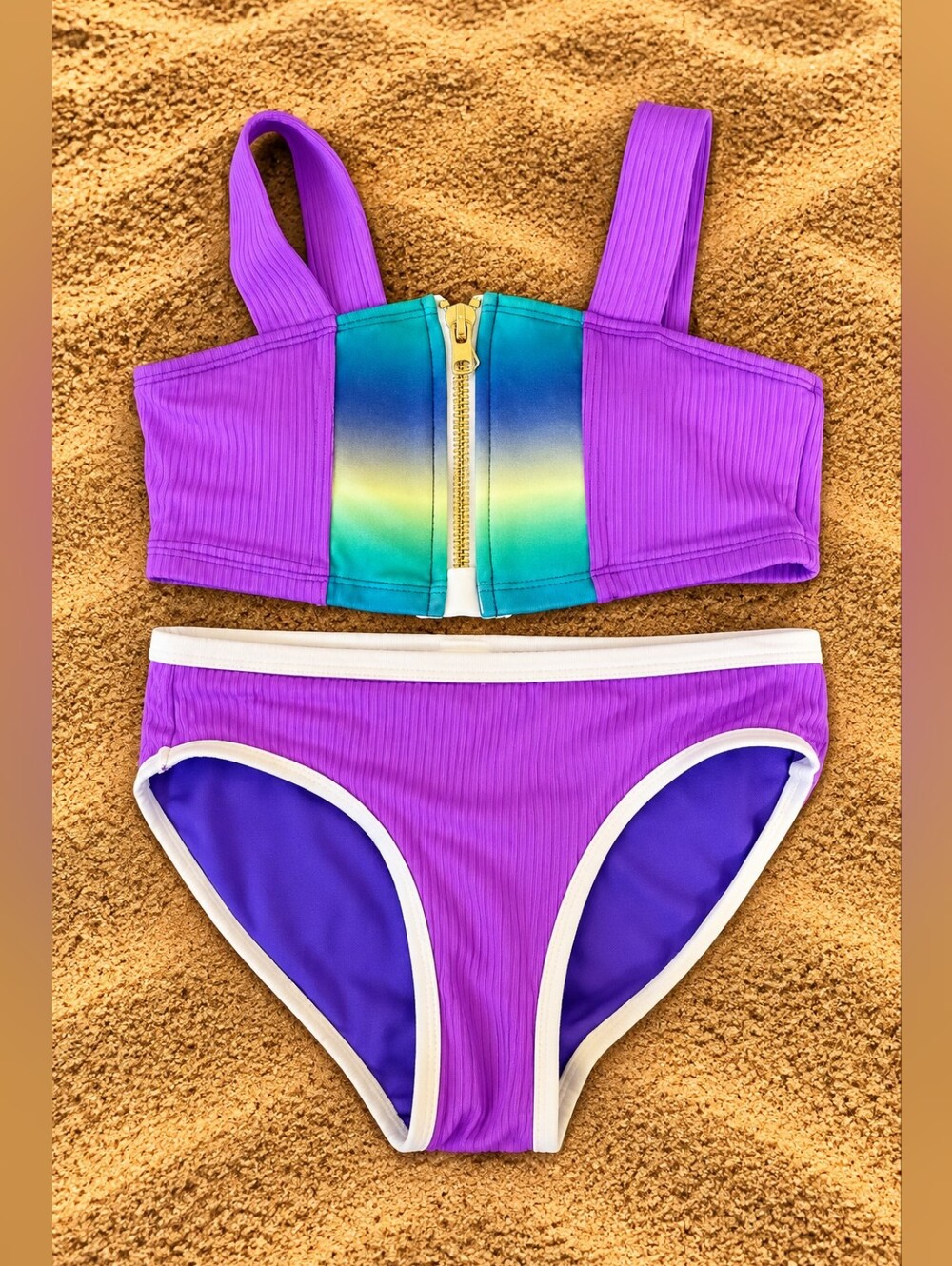 Justice Girls 10 Purple Ribbed Colorblock 2 Piece Bikini NWT